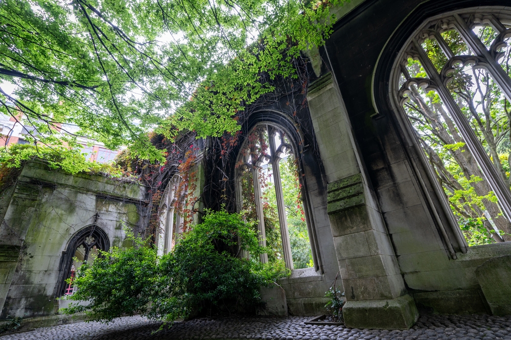 A beautiful view of the ruins of St. Dunstan in the East Church Garden in London. You can see the window and greenery is growing all around.