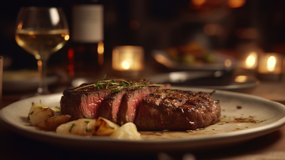 Close up of medium rare steak, creamy sauce and potatoes on plate. There is a wine on the table and the background is blurred. The article is about restaurants in Dublin