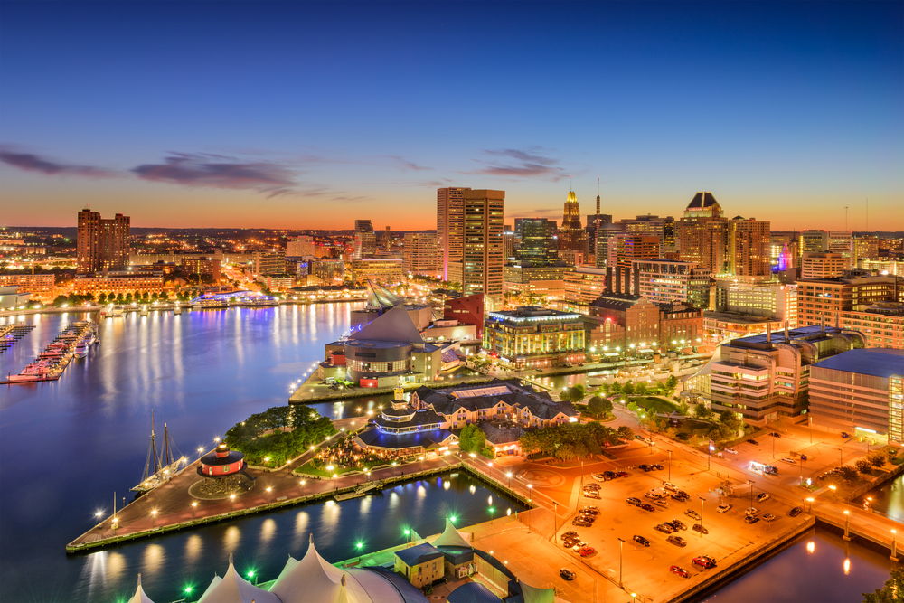 night time aerial view of the harbour