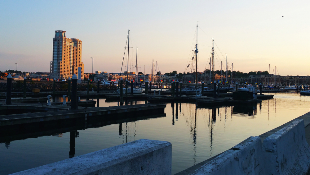 view of the marina during sunset