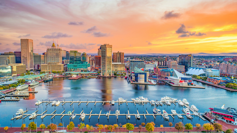 aerial view of the harbour during sunset