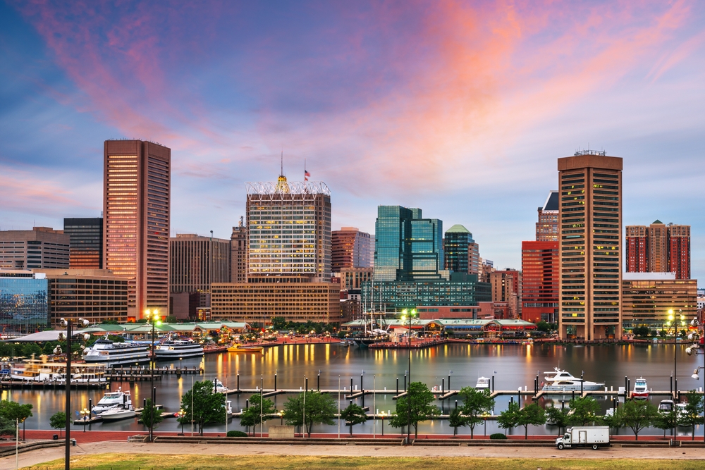 view of the harbor with buildings traveling to baltimore