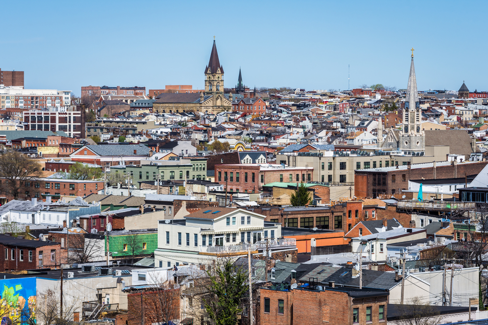 aerial view of town with lots of buildings