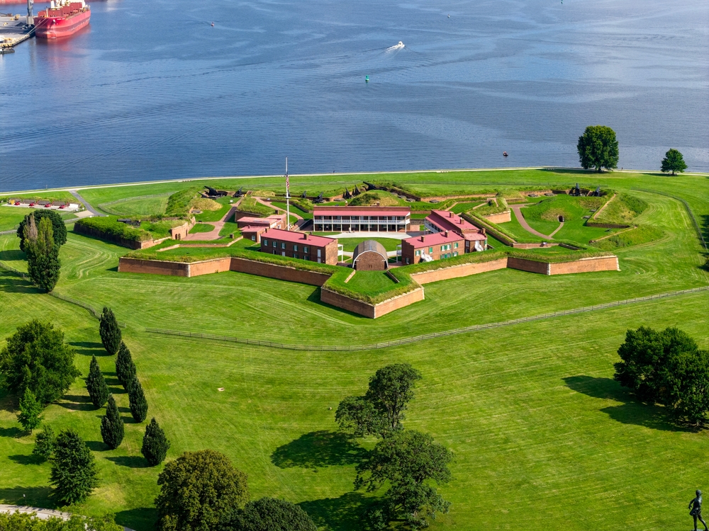 Aerial shot of Fort McHenry National Monument along the Patapsco River in Baltimore . The article is about a Baltimore weekend getaway.