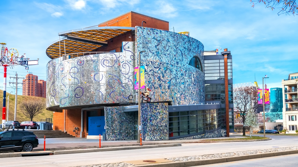 American Visionary Art Museum in Baltimore. You can see the interesting facade of the building which is silver with swirls.