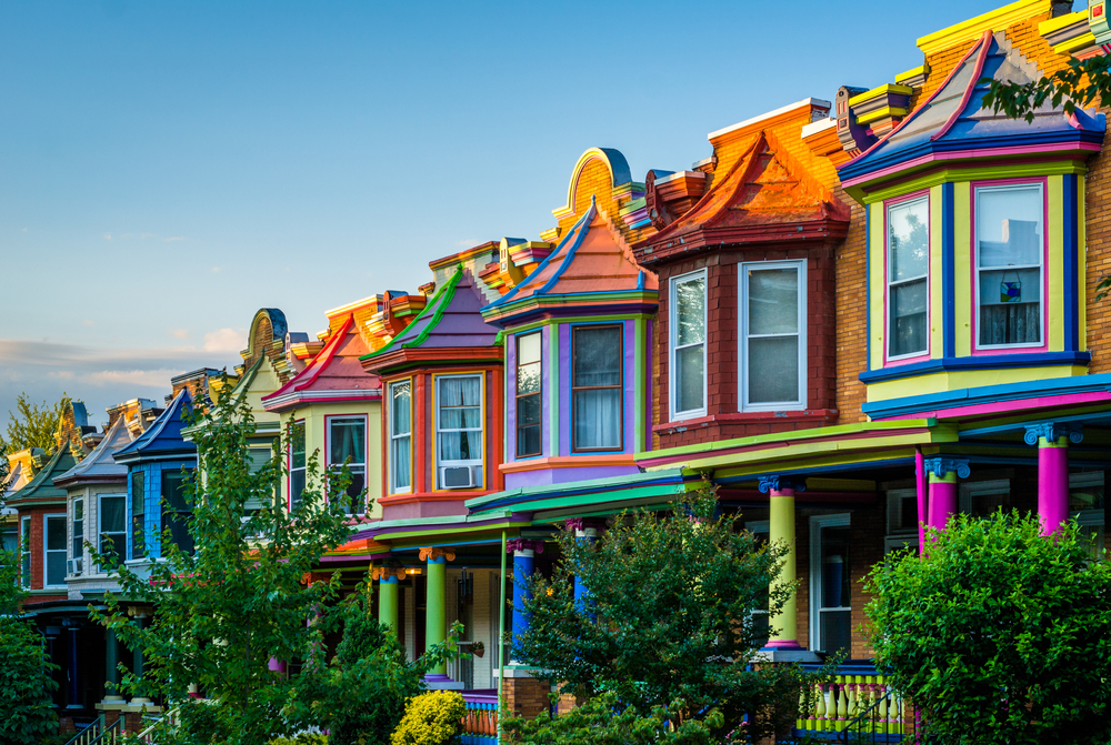 colorful row houses with trees planted