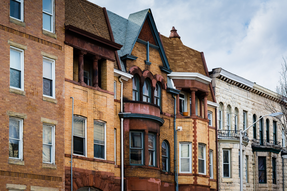 closeup of row houses with unique architecture best neighborhoods in baltimore