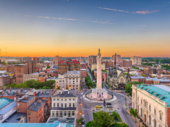 aerial view of a monument surrounded by roads and buildings best neighborhoods in baltimore