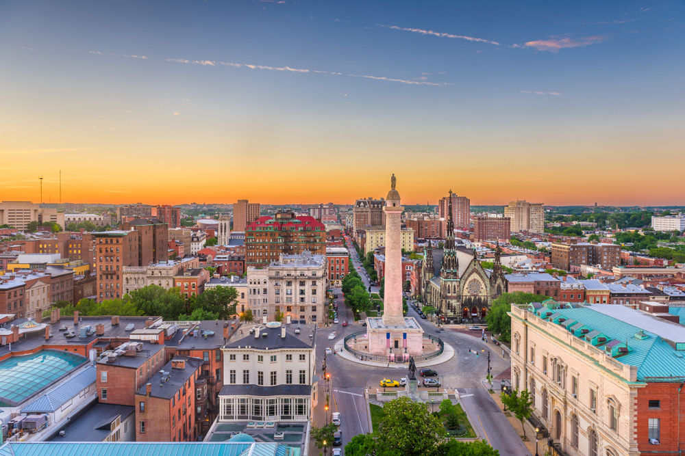 aerial view of a monument surrounded by roads and buildings best neighborhoods in baltimore